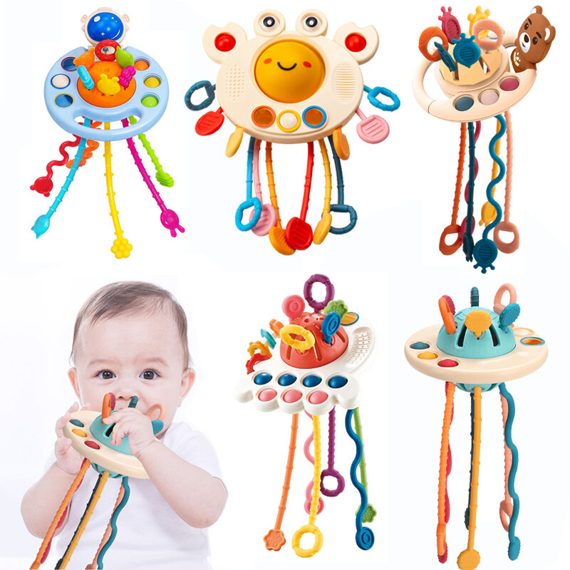 Juguetes de cuerda de tracción Montessori para bebé, mordedor de cuerda de silicona, juguetes sensoriales, entrenamiento de agarre UFO, habilidades motoras, juguetes educativos para niños