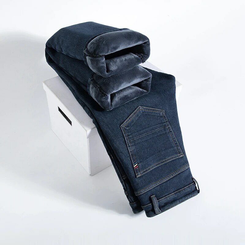 Pantalones vaqueros informales gruesos para hombre, Jeans elásticos ajustados de lana, color negro y azul, para trabajo de negocios, Invierno