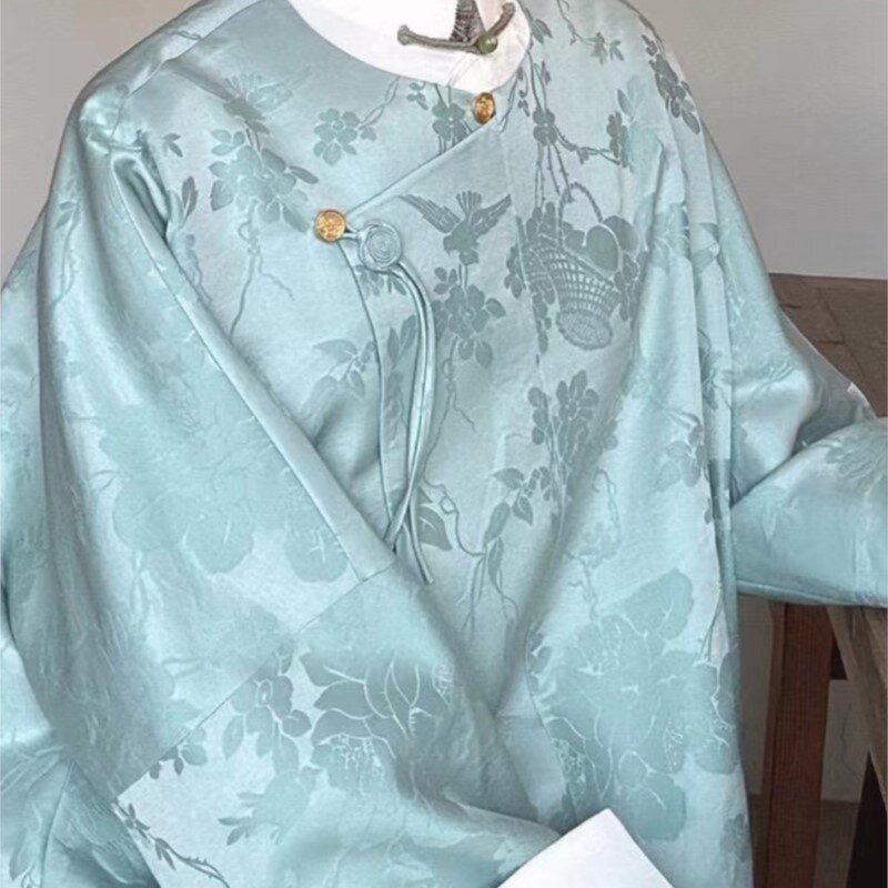 Nieuwe Chinese Dames Blauwe Bedrukte Jas Nationale Stijl Retro Temperament Diagonale Knoop Knoop Top