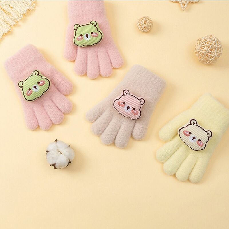 Пушистые перчатки Bear Baby, милые однотонные перчатки с мультяшным рисунком в Корейском стиле, Плюшевые Вязаные Варежки с пальцами для кукол, для девочек
