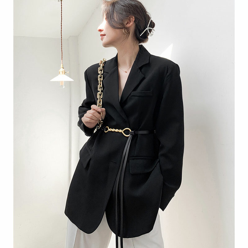 Jaket Setelan Hitam Wanita 2022 Baru Antik Musim Gugur Musim Semi Mode Jaket Blazer Longgar dengan Sabuk Perempuan Kantor Wanita Pakaian Luar 2022