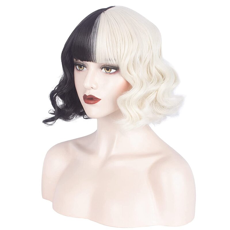 Short Bob Wigs with Bangs Shoulder Length Bob Wavy Wig for Women Short Curly Wig for Women(Black and Gold)