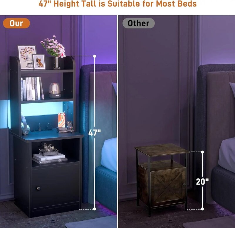 Black Nightstands Set of 2 with Charging Station & LED Lights - 47" Tall Bedside Table with Adjustable Shelf