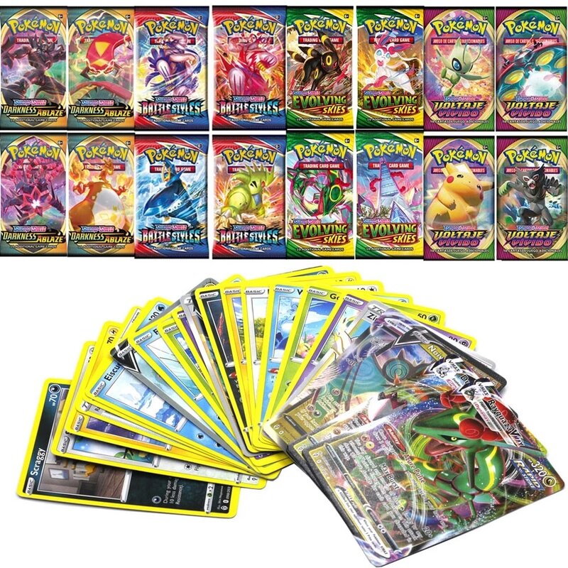 Pokemon Cards for Trading Game, Coleção de Cartas, Cartões de Brinquedo, Francês, Espanhol, Flash, Força, Impulsionar, Original, PERDIDO