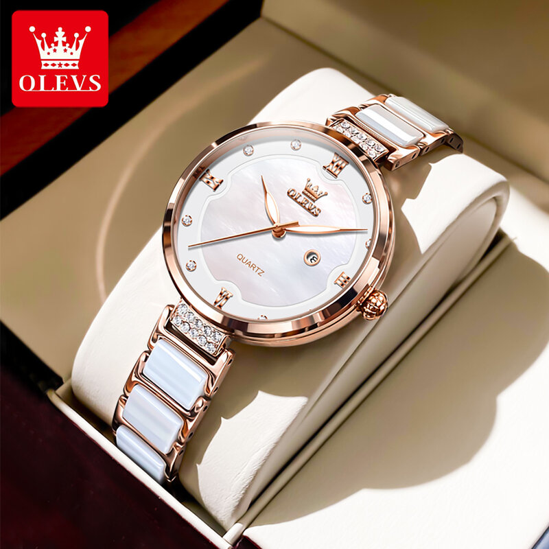 OLEVS jam tangan wanita, arloji Quartz keramik mewah merek terkenal, tahan air kalendar