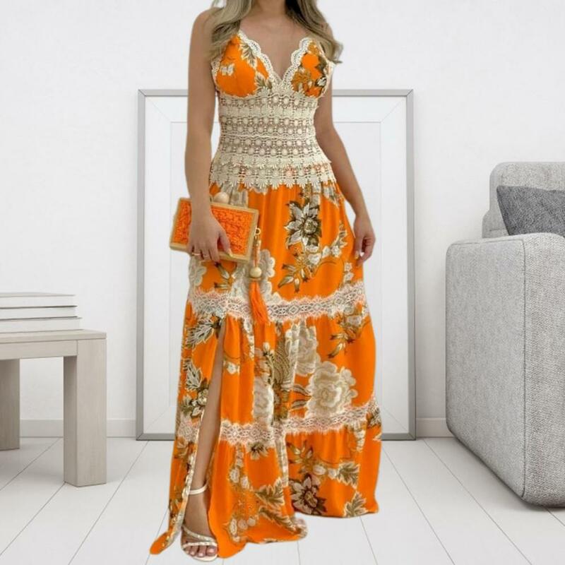 Женское платье с цветочным принтом, Кружевное Платье макси с разрезом на подоле, богемное платье для отпуска на бретелях-спагетти со шнуровкой и высокой талией