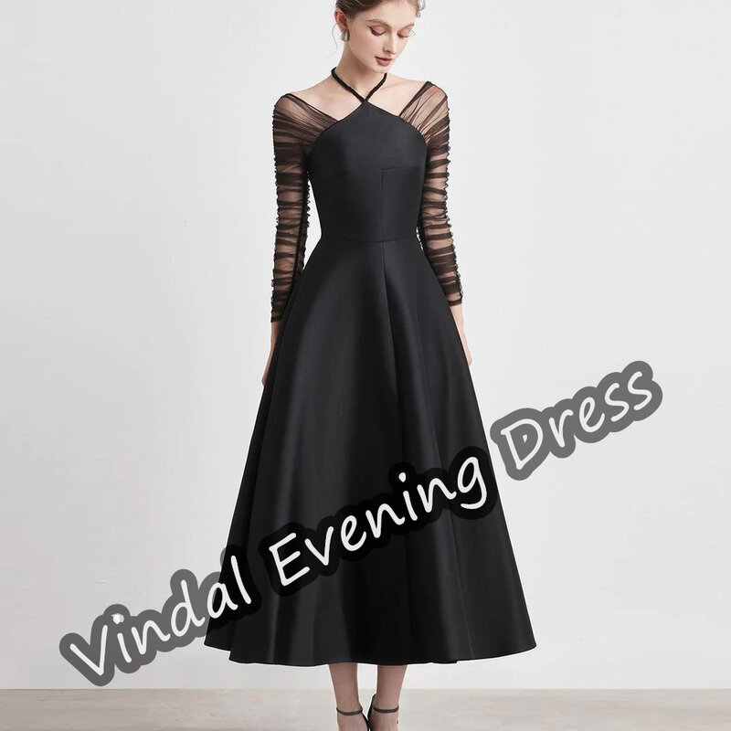 Vindal Halter wieczorowa sukienka o długości do herbaty elegancki wbudowany biustonosz seksowny falbany saudyjski arabski satynowy rękawy dla kobiet 2024