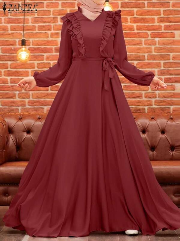 ZANZEA abito elegante abbigliamento isamico autunno elegante abito musulmano in raso donna manica intera abiti turchia Abaya Ruffles prendisole