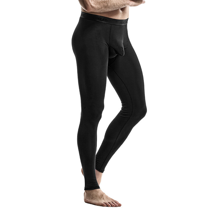 Leggings de Gunmetal sexy masculinas, calças elásticas térmicas separadas, bolsa de bulga de crotch, cueca quente, calças longas de estiramento alto, fundo