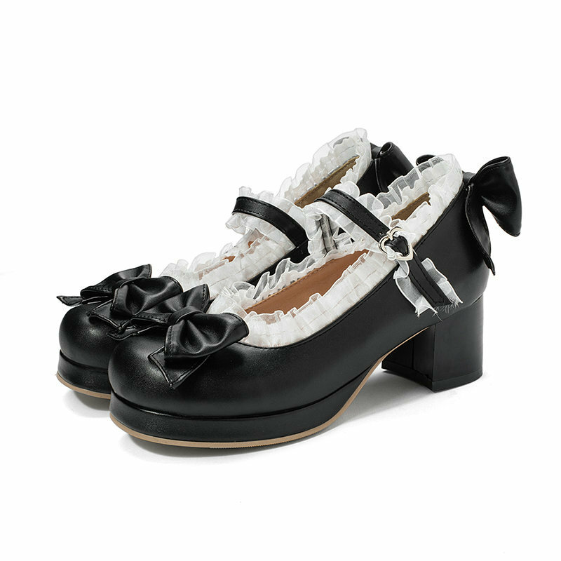 Lolita Bowknot Lace Shoes para meninas, salto alto, limitado, doce, babados, casamento, nupcial, vestido de princesa, festa, mulheres, tamanho 30-43