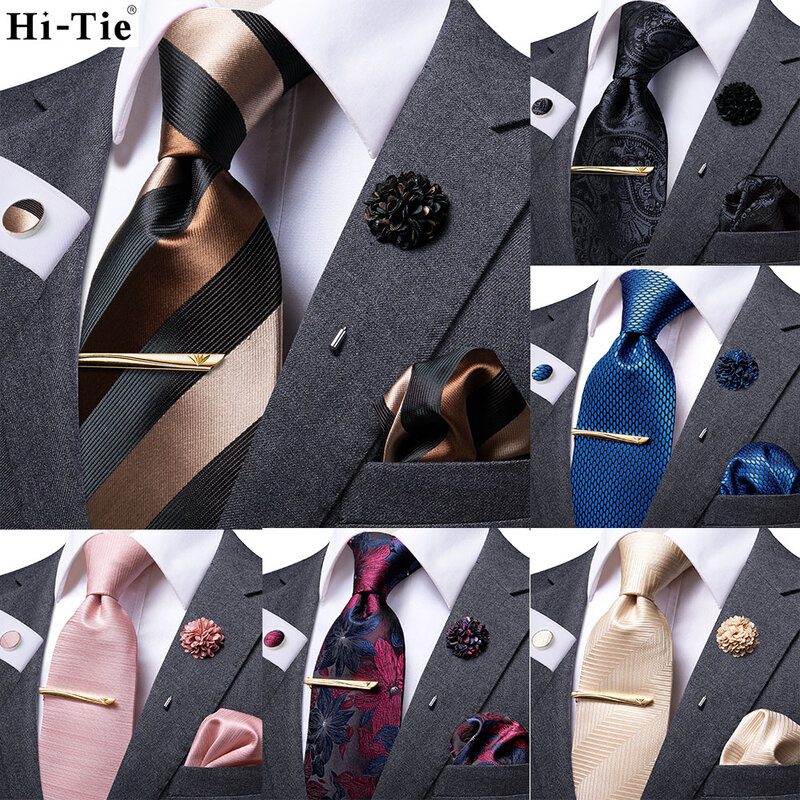 Hi-Tie Business Brown Black Striped Tie For Men Silk Mens Elegant Tie Clip Brooch Hanky Cufflink Set Gift For Men Luxury Necktie