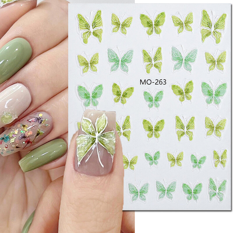 5D Embossed Nail Art Decals Green Pink Purple Butterflys Adhesive Sliders Nail Stickers Decoration For Manicure