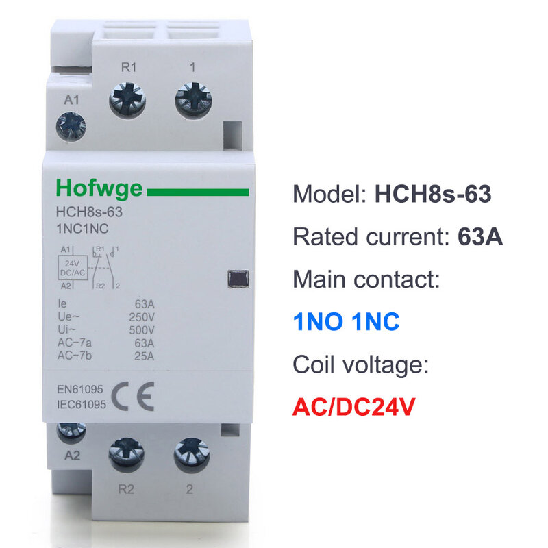 HCH8s-63 DC Contactor 2P 40A  63A 2NO 1NO1NC AC24V DC24V Automatic Householdr Contactor Din Rail Type 50Hz /60Hz