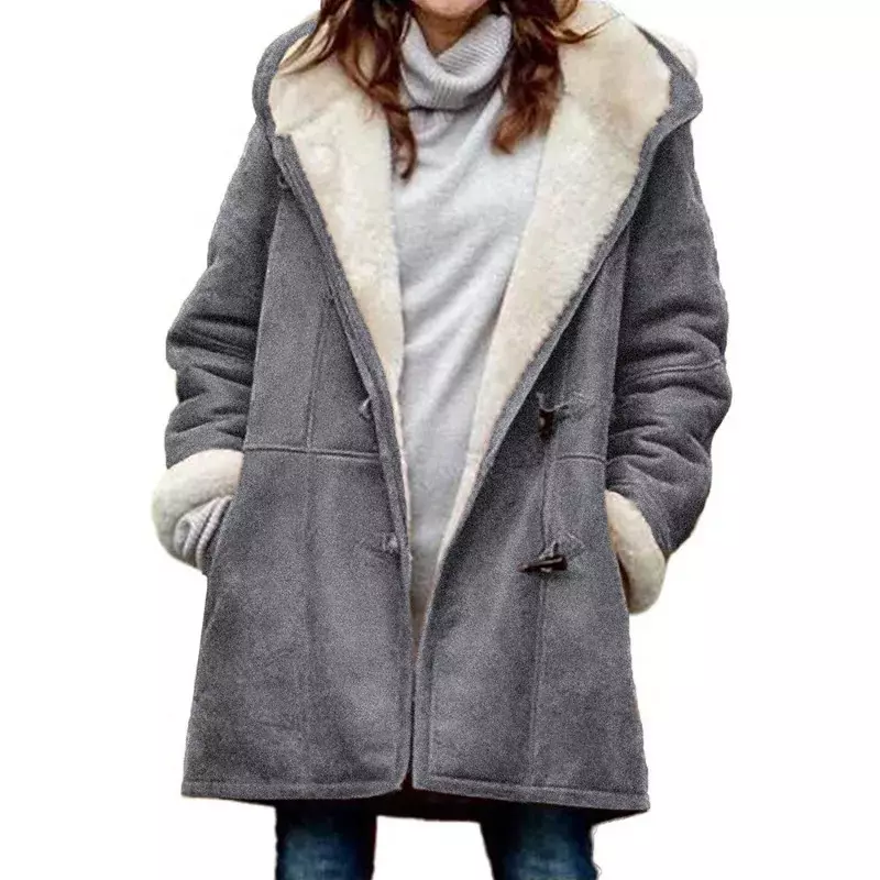 Casaco longo quente feminino com botão de chifre e capuz polar, casaco casual grosso