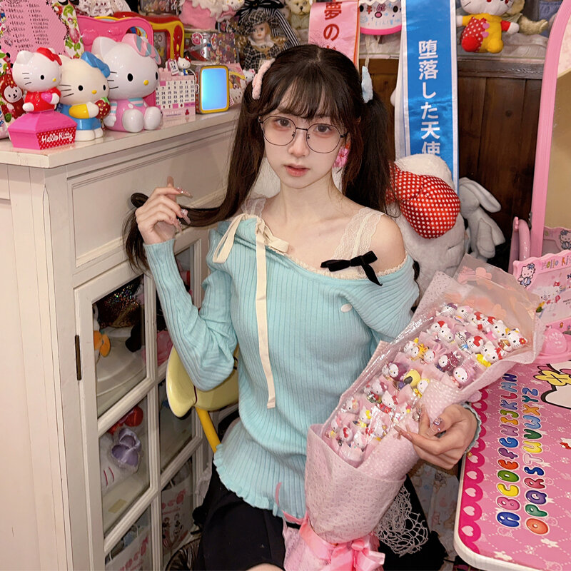 Spitzen pullover für Frauen solide Patchwork Studenten Sommer schulter frei schlank bequem weich Harajuku japanischen Stil Bogen adrett