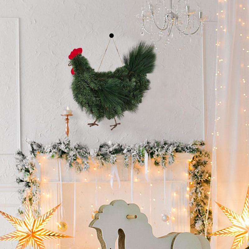 عيد الميلاد الديك الدجاج إكليل صنوبر اصطناعي فروع الأخضر يترك الطوق للباب الأمامي عيد الميلاد جارلاند باب الديكور