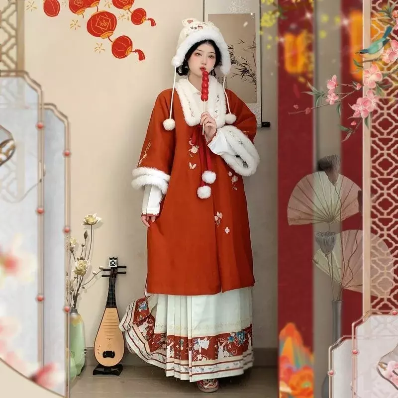 Chaqueta de algodón bordada larga de felpa para mujer, conjunto de tres piezas, falda de caballo forrada, ropa de invierno, nuevo