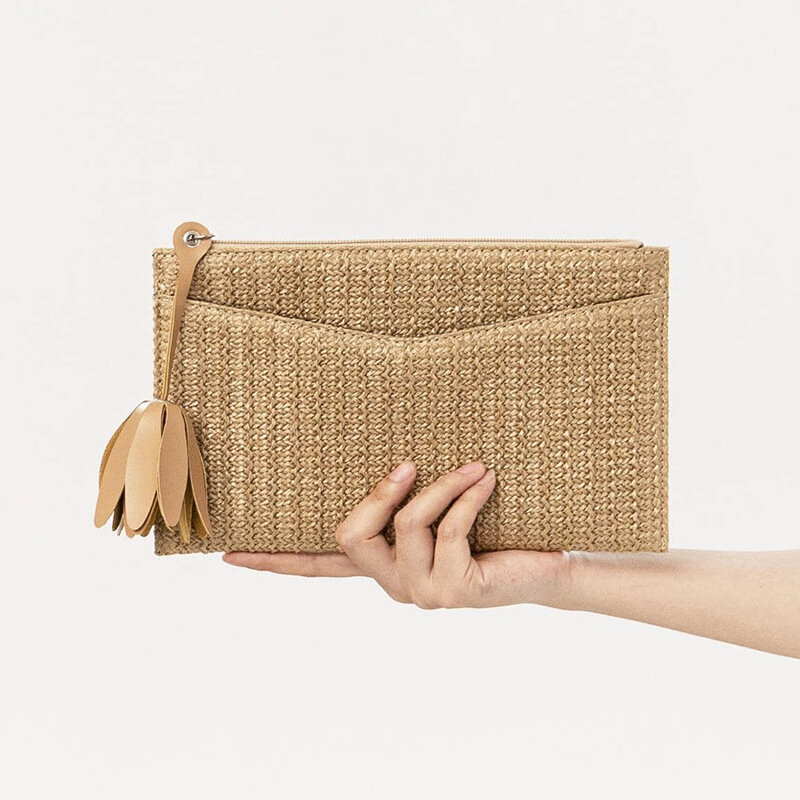 Tas tangan sedotan kasual untuk wanita, tas dompet kecil wanita musim panas pola kertas tenun untuk pesta 2024