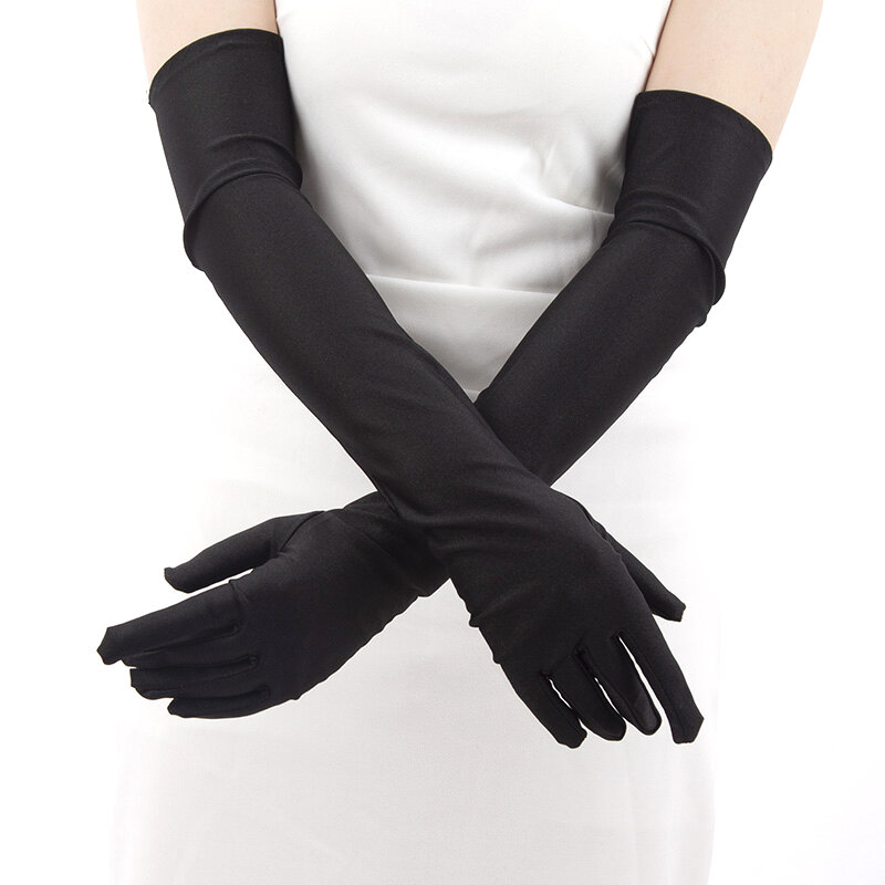 1 pasang sarung tangan seksi wanita klasik sarung tangan Prom pesta malam hitam sarung tangan panjang Satin melar Opera lengan pelindung matahari berkendara