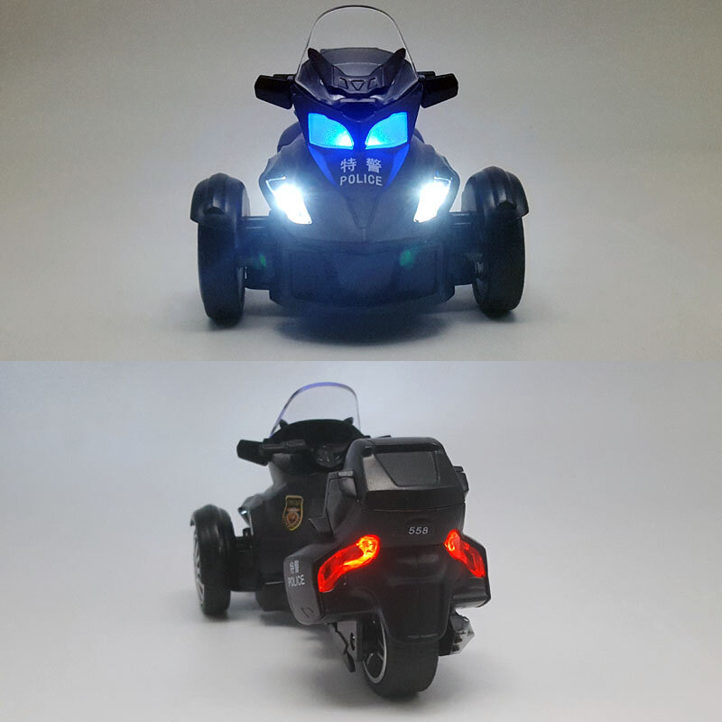 PoliceMotorcycles-modelo de motocicleta de 3 ruedas para niños, juguete de aleación fundido a presión, modelo de motocicleta, Pull Back Sound Light Motor Van Collection, regalo de juguete para niños, 1:12
