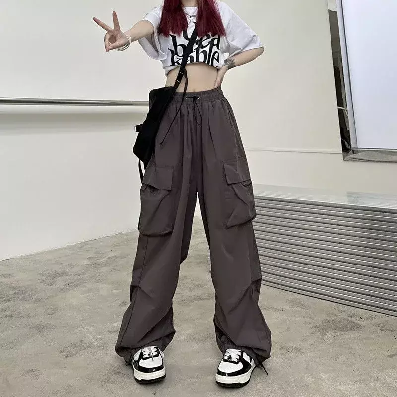 Pink Cargo Pants Women Retro Workwear Casual Baggy Straight Trousers Fashion Wide Leg Pockets Joggers Trousers Y2k Streetwear