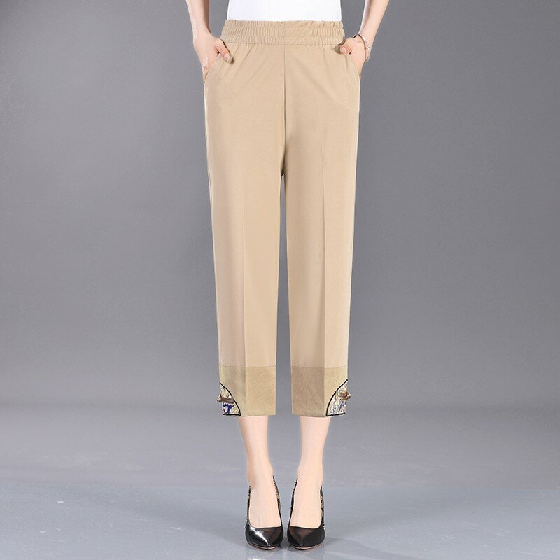 Celana crop tipis wanita, Bawahan kasual perempuan paruh baya bordir gaya China pinggang tinggi lurus elastis baru musim panas