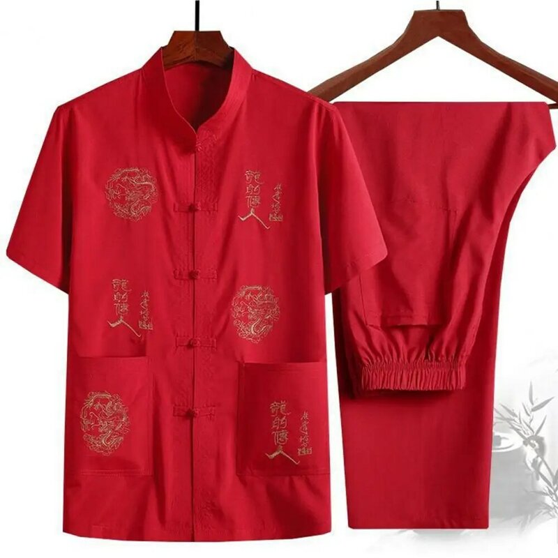 Men Chinese-style Suit Retro Chinese Tang Suit Set for Mid-aged Men Stand Collar Shirt Embroidered Top Wide Leg Pants