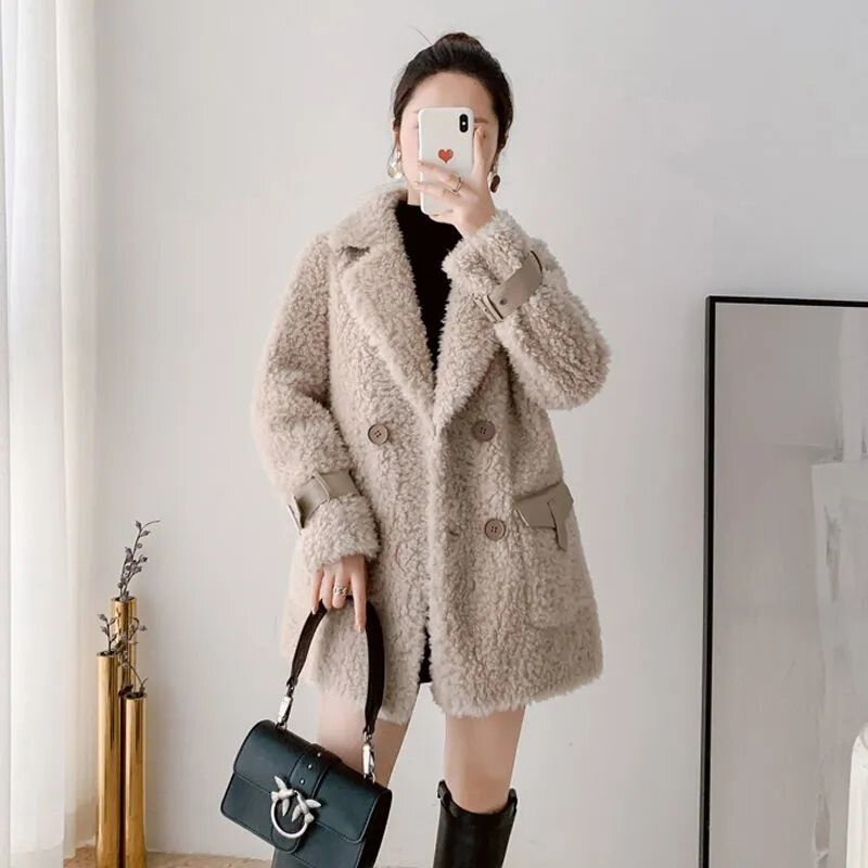 Женское пальто из овечьей шерсти, свободное приталенное пальто средней длины из флиса в Корейском стиле, Осень-зима 2023