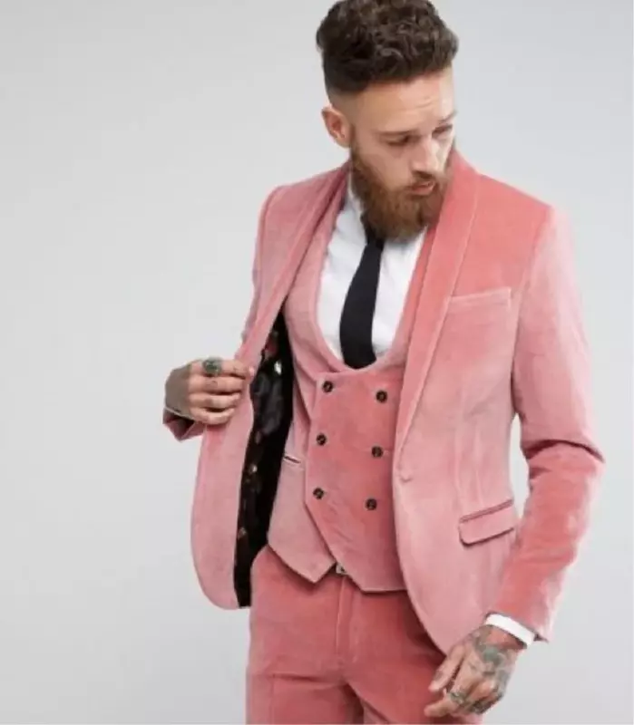 3 шт. на заказ, модное зимнее свадебное платье для жениха, приталенный Розовый бархатный мужской костюм-смокинг, куртка + жилет + брюки