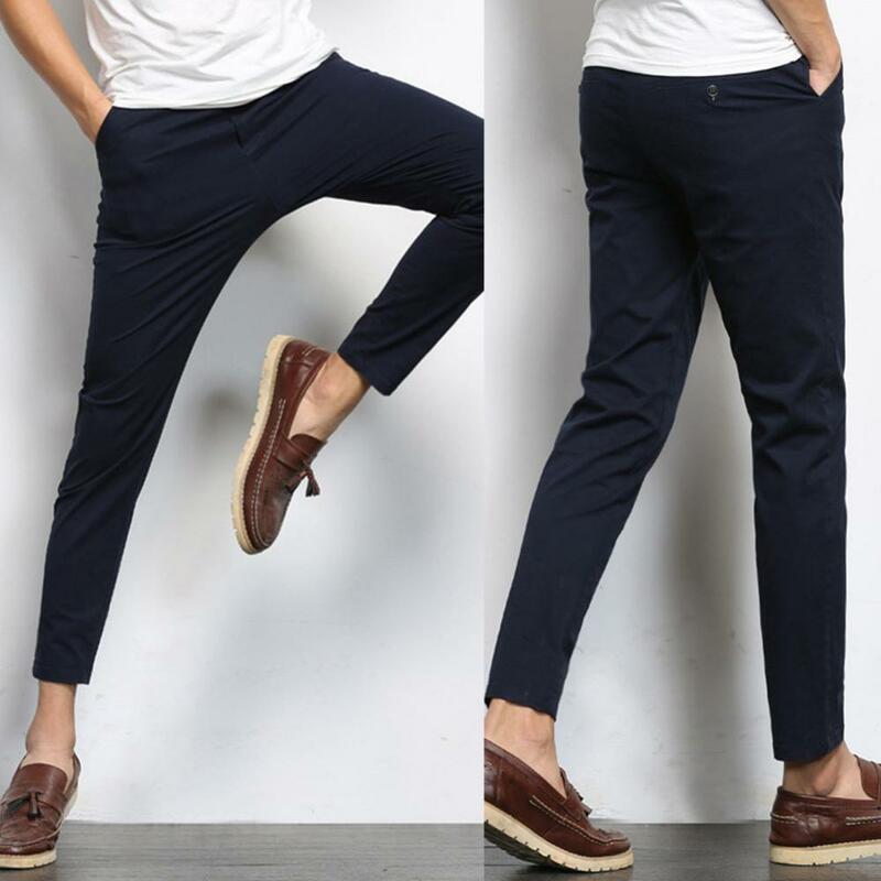 Trousers Pockets Pant Pants Casual Men Solid Color Long Elastic Thin Straight Suit Pants