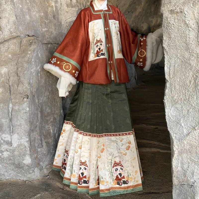 여성용 중국 스타일 한푸 의류, 우아한 따뜻한 한푸 드레스, 고대 전통 명나라 만화 인쇄 세트, 가을 겨울