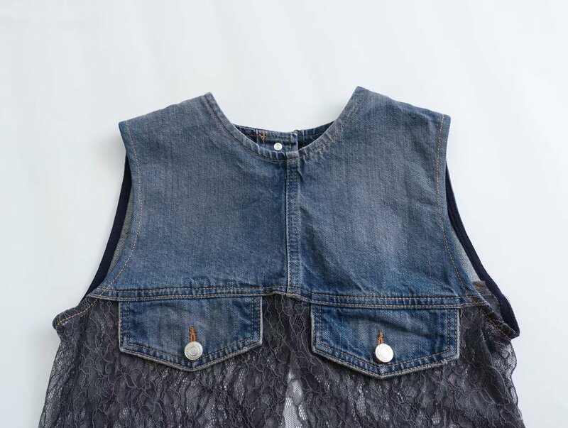 Женский прозрачный жилет без рукавов, кружевной джокер из джинсовой ткани с круглым вырезом в стиле ретро, 2024
