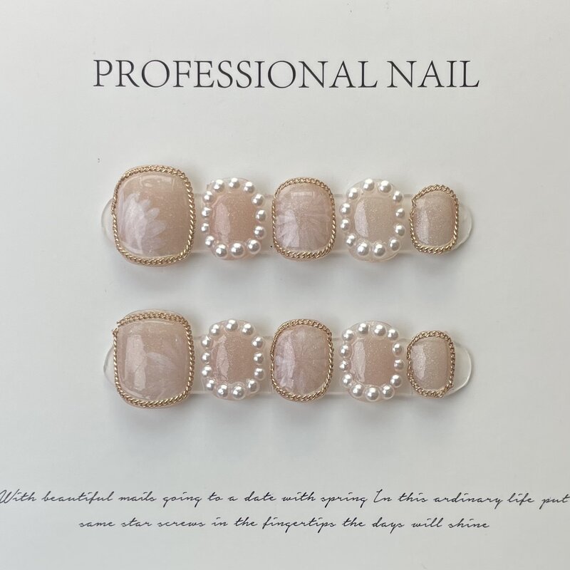 Gold Chain Handmade Nails Press on Full Cover Manicuree Lily Orchid False Nails Wearable Artificial With Tool Kit