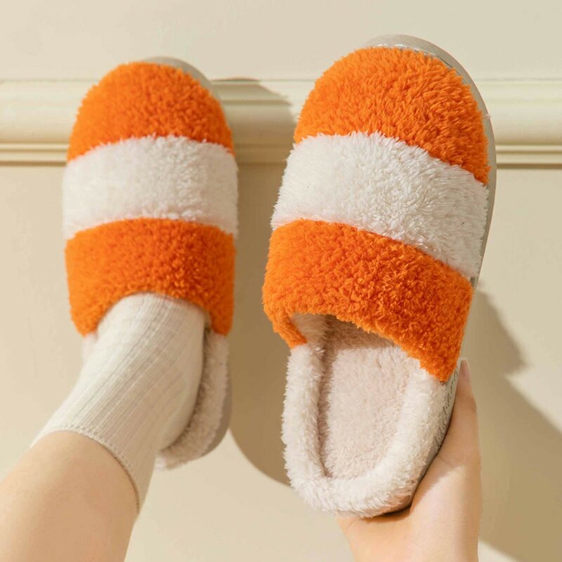 Winter Couples Warm Home Plush Slippers Soft Bottom Striped Comfortable Flat Non Slip Cotton Women Slippers Bedroom Shoes 2023