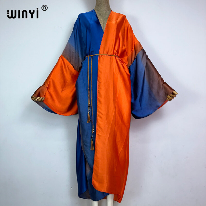 WINYI-vestido bohemio con estampado Gradual para mujer, cárdigans africanos, ropa de abrigo para mujer, caftán, kimono Sexy de sensación de seda, 2023