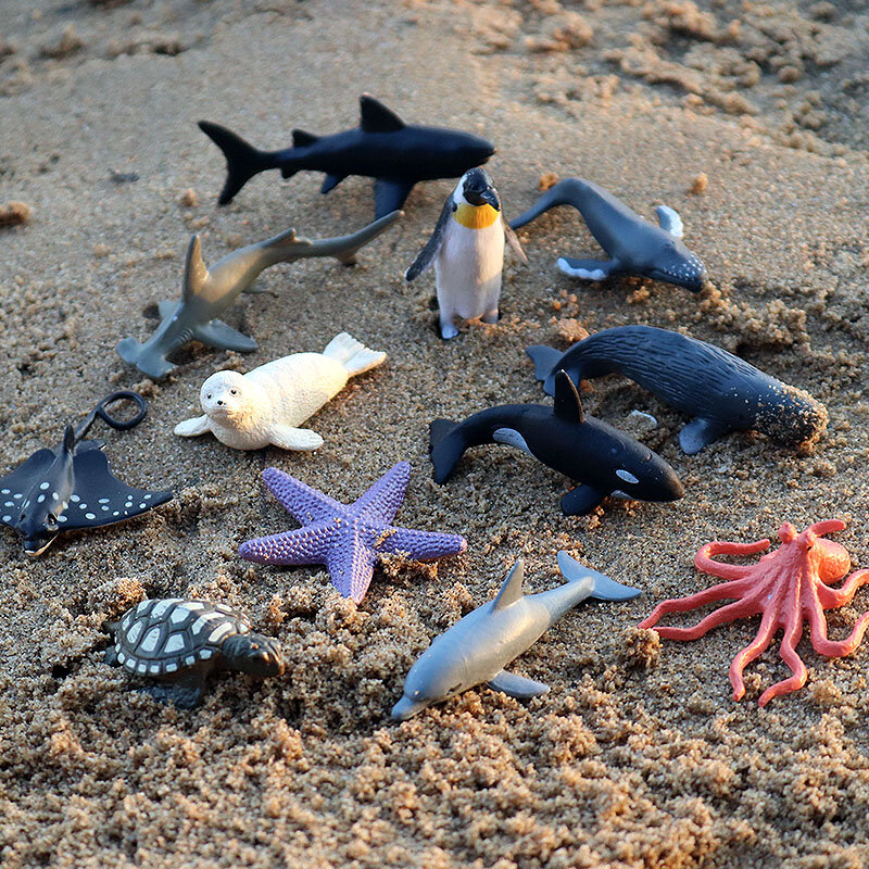 Oenux Montessori miniatur singa hiu kuda dinosaurus hewan Set Action figure Figurine kebun binatang lucu pendidikan hadiah mainan anak