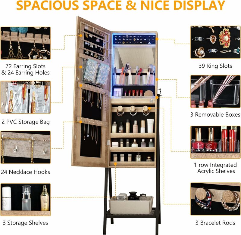 Vlsrka Mirror Jewelry Cabinet Standing with LED, Jewelry Mirror Full Length with Built-in Makeup Mirror & Lights