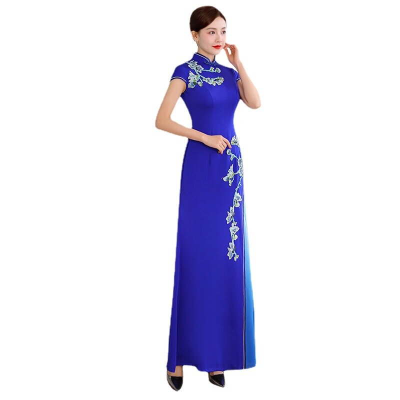 Gaun Cina Satin Seksi Biru Gaun Wanita Ukuran Besar Ramping Qipao Payet Panjang Pesta Malam Putri Duyung Cheongsam Vestidos Elegan