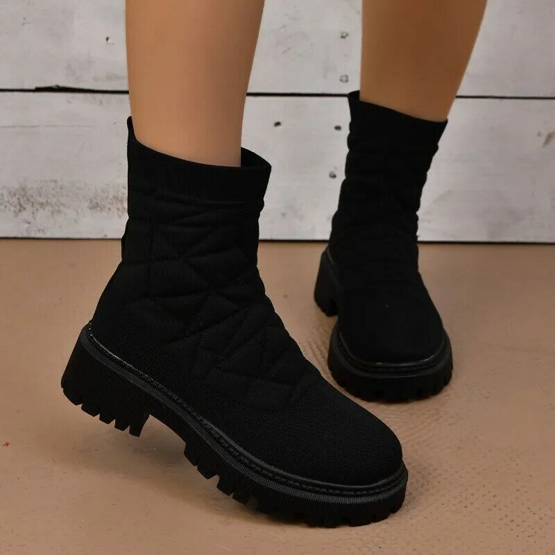 Luxury Brand 2024 New Women Thick-soled Thick-heeled Warm Boots Women's Towel Cotton Boots Motorcycle Boots 36-43