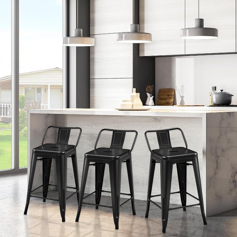 Bangku Bar logam 30 inci, Set 4 Bar tinggi kursi Dapur kursi industri bangku Bar dengan punggung rendah untuk dalam dan luar ruangan