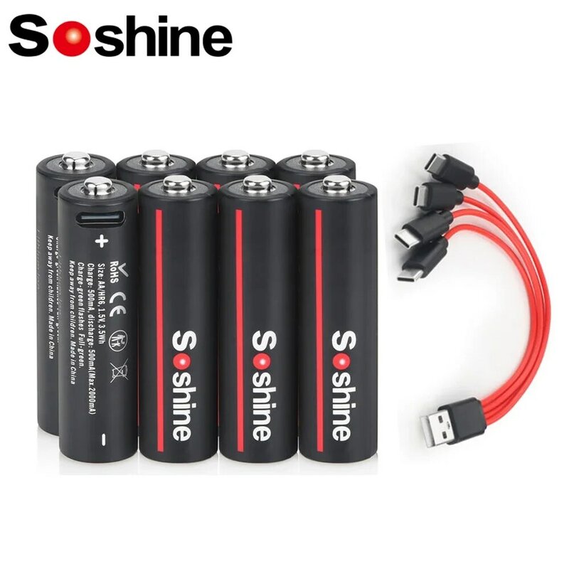 Soshine 1.5V Usb 3500mwh Lithium Batterij Aa Oplaadbare Batterijen Met 4-In-1 Usb-Kabel Voor Rookdetector Game Machine Camera