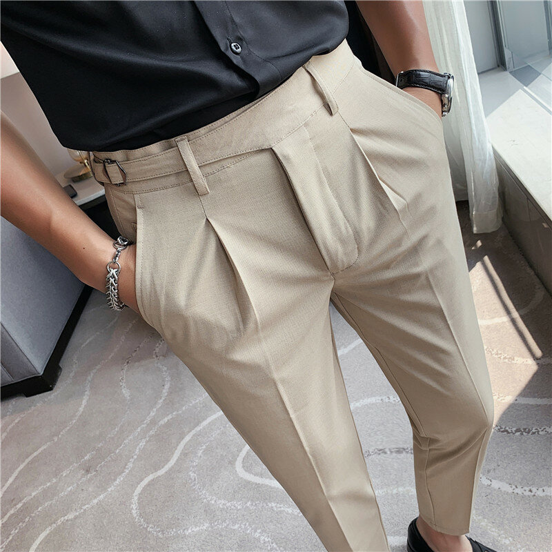 คุณภาพสูงความยืดหยุ่นกางเกงผู้ชายอย่างเป็นทางการสำนักงานธุรกิจชุดกางเกง Slim Fit Casual ข้อเท้ากางเกง Pantalon