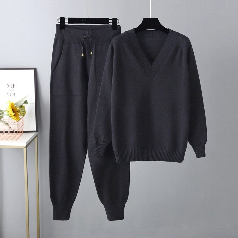 2023 jesienno-zimowy damski sweter z dekoltem w szpic dwuczęściowy komplet damski spodnie z dzianiny garnitury modne luźny pulower dresy