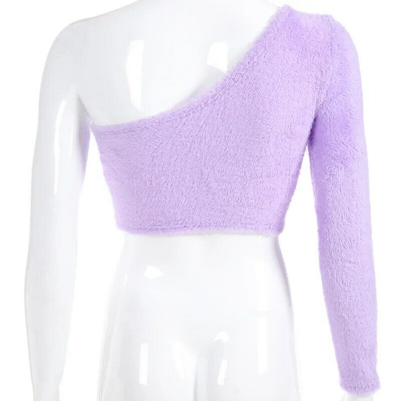 Sexy One Shoulder Sweater Tops For Women Asymmetrical T Shirt Purple Casual Long Sleeve Crop Top T-shirts