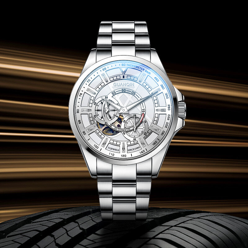 GUANQIN-Relógio automático masculino, aço inoxidável, relógio de pulso mecânico masculino, relógio luminoso, moda de luxo, novo, 2024