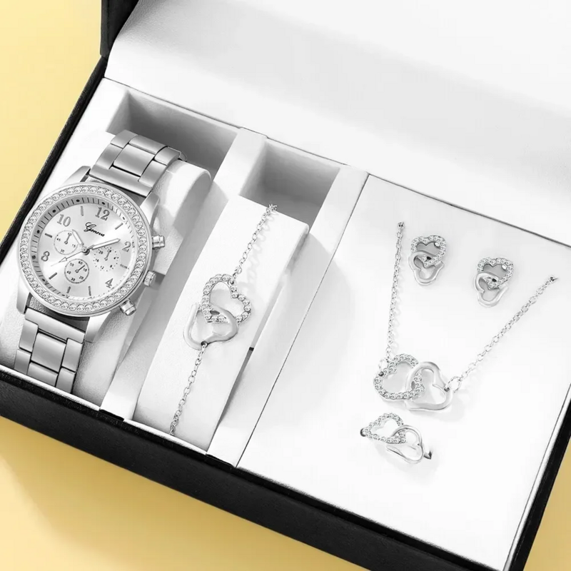 6 buah Set jam tangan modis kasual wanita jam tangan gelang emas mawar jam tangan mewah wanita cincin kalung anting berlian imitasi