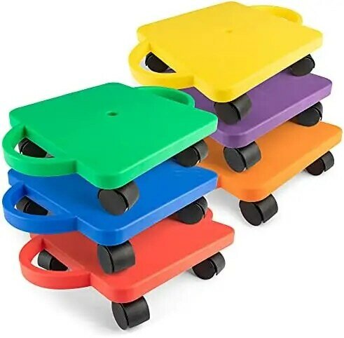 Board with Handles, Set of 6, Wide 12 x 12 Base - Multi-Colored, Fun Sports Scooters with Non-Marring Plastic Casters for Childr