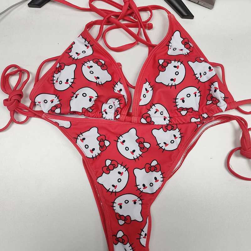 2Pcs Hello Kitty Bikini Set Kawaii Bikinis Y2K maillot de bain d’été femmes 2024 nouvelle plage Strappy culotte Sexy maillot de bain fille