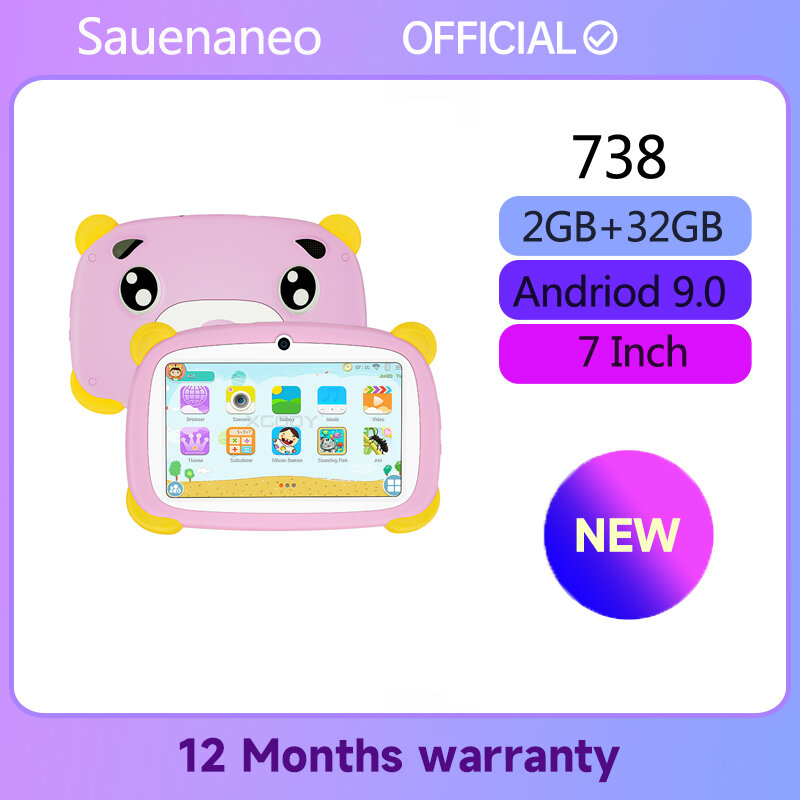 Sauenaneo แท็บเล็ตแอนดรอยด์738 32GB ขนาด7นิ้วสำหรับเด็กเรียนเพื่อการศึกษาการศึกษาของเด็กบลูทูธ WiFi พร้อมฟิล์มป้องกันของขวัญ