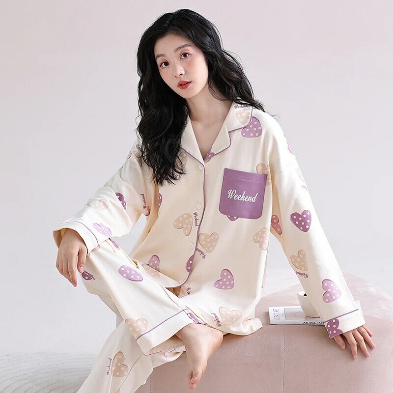Pijama de algodón con almohadilla para el pecho para Mujer, traje de dormir de manga larga, informal, 3XL talla grande, otoño